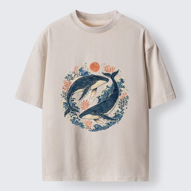 Tokyo-Tiger Twin Whale Wave Ukiyo Washed T-Shirt