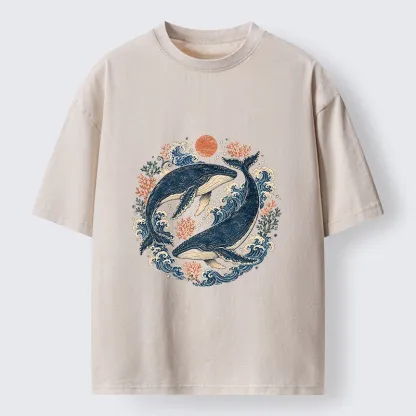 Tokyo-Tiger Twin Whale Wave Ukiyo Washed T-Shirt