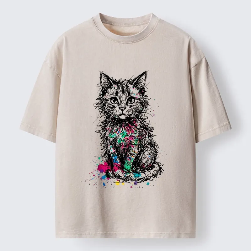 Tokyo-Tiger Splash Ink Art Cat Washed T-Shirt