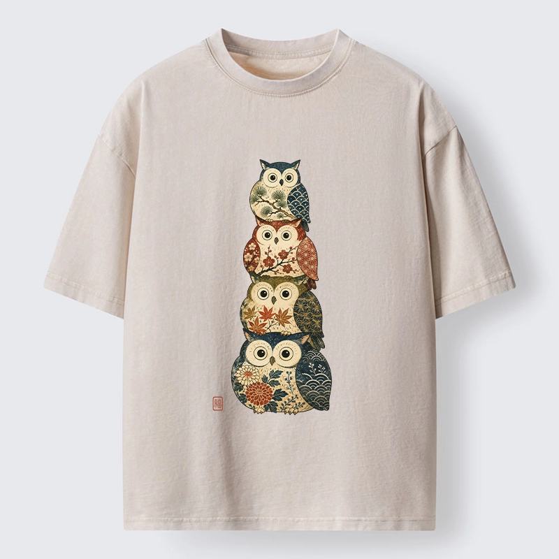 Tokyo-Tiger Stacked Floral Owls Washed T-Shirt