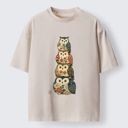 Tokyo-Tiger Stacked Floral Owls Washed T-Shirt