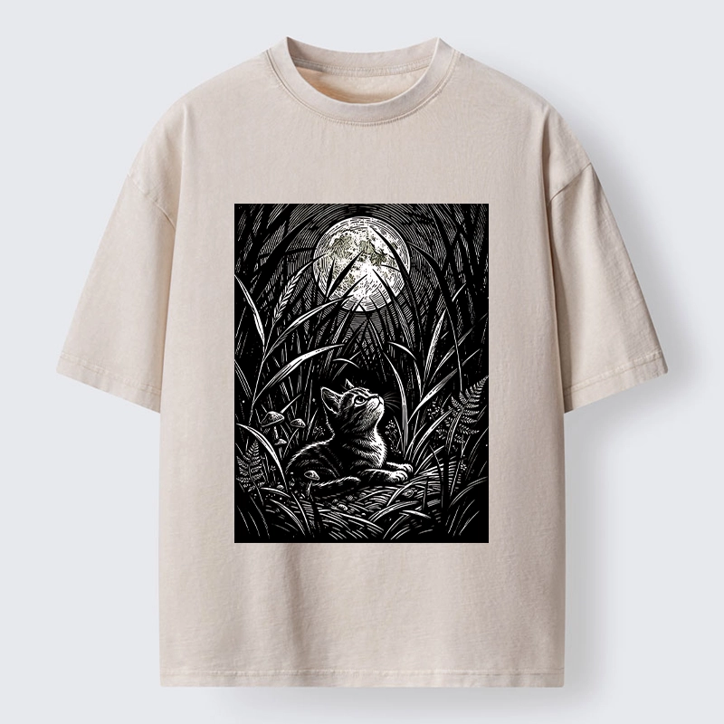 Tokyo-Tiger Woodcut Night Cat Print Washed T-Shirt
