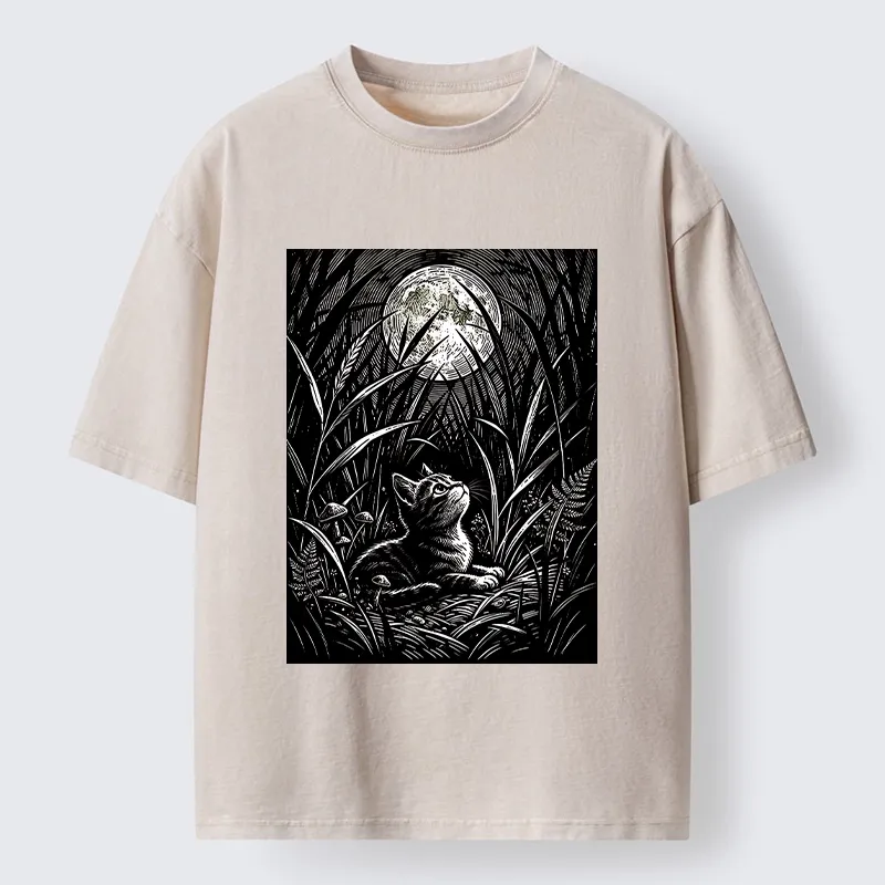 Tokyo-Tiger Woodcut Night Cat Print Washed T-Shirt