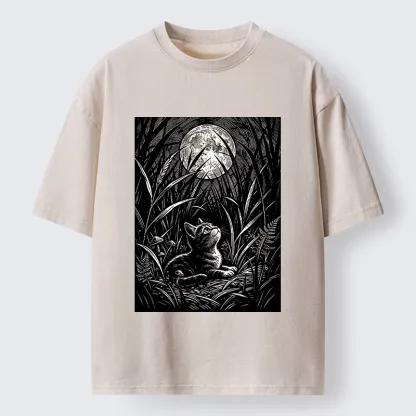 Tokyo-Tiger Woodcut Night Cat Print Washed T-Shirt