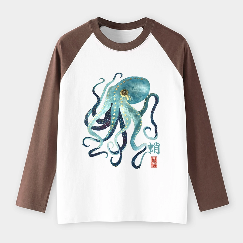 Tokyo-Tiger Soft Watercolor Octopus Japanese Art Raglan Long Sleeve T-shirt