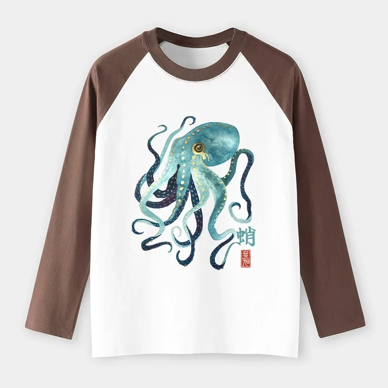 Tokyo-Tiger Soft Watercolor Octopus Japanese Art Raglan Long Sleeve T-shirt