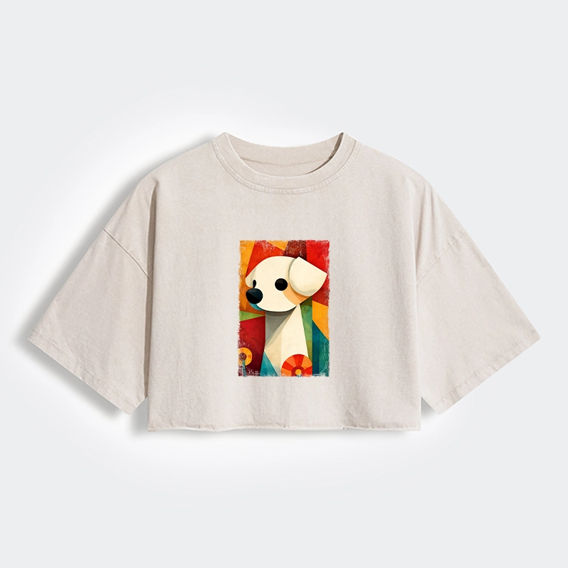 Tokyo-Tiger Retro Abstract Color Block Puppy Art Women's Washed Crop T-Shirt