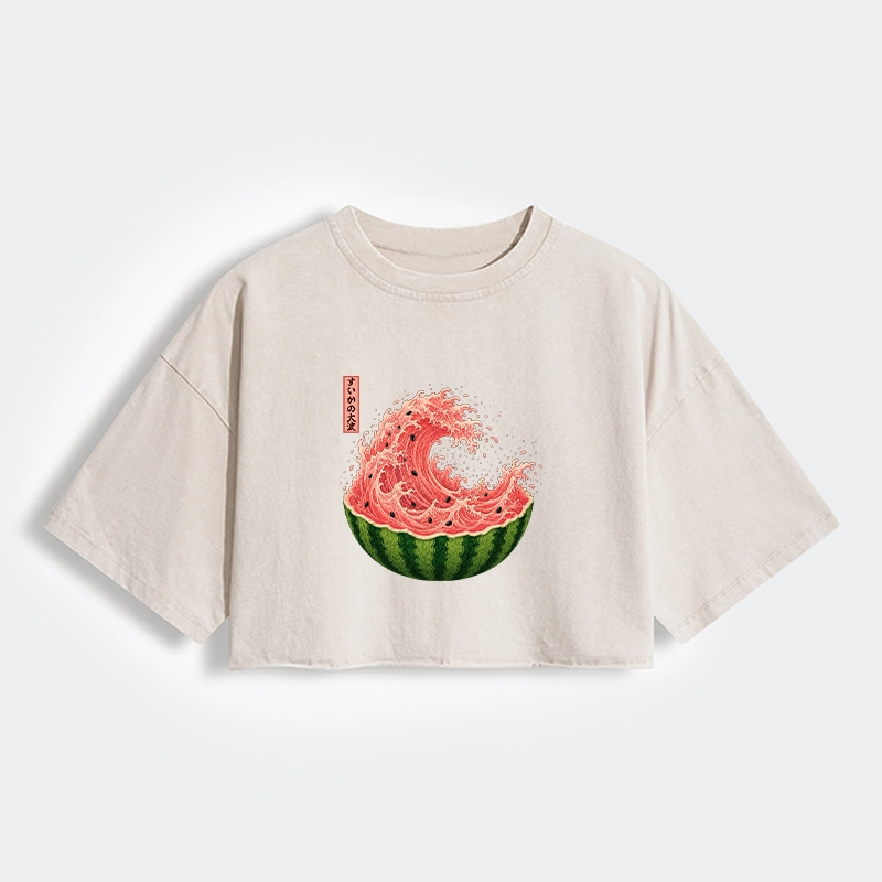 Tokyo-Tiger Watermelon Wave Summer Ukiyo Art Women's Washed Crop T-Shirt