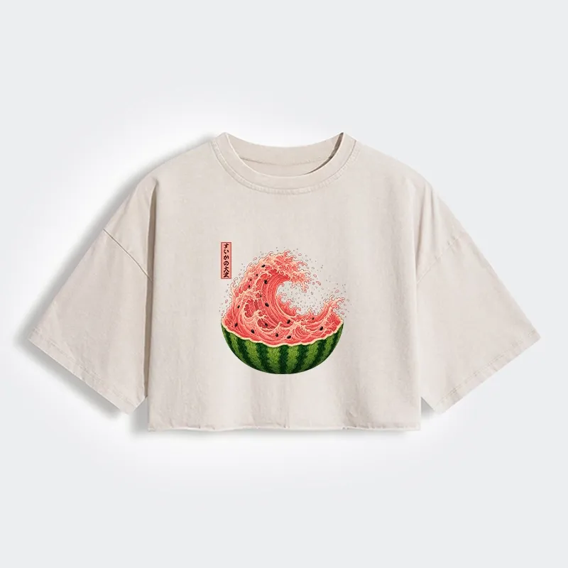 Tokyo-Tiger Watermelon Wave Summer Ukiyo Art Women's Washed Crop T-Shirt Sale