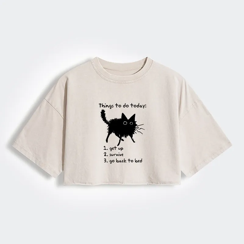 Tokyo-Tiger Lazy Cat Survive Day Funny Meme Women's Washed Crop T-Shirt Sale