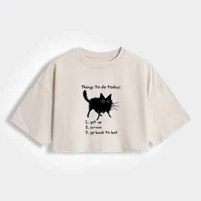 Tokyo-Tiger Lazy Cat Survive Day Funny Meme Women's Washed Crop T-Shirt