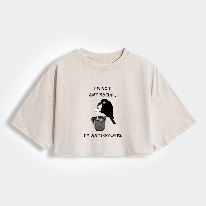 Tokyo-Tiger Cool Crow Sips Calm Coffee Alone Women's Washed Crop T-Shirt