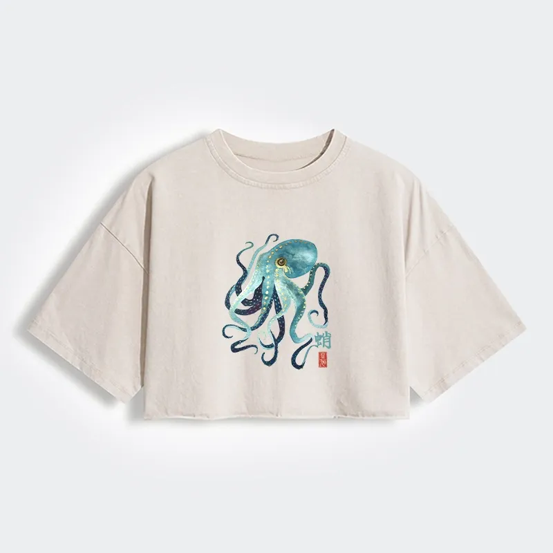 Tokyo-Tiger Soft Watercolor Octopus Japanese Art Women's Washed Crop T-Shirt Sale