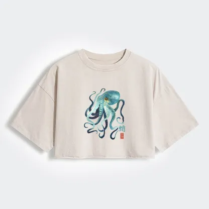 Tokyo-Tiger Soft Watercolor Octopus Japanese Art Women's Washed Crop T-Shirt