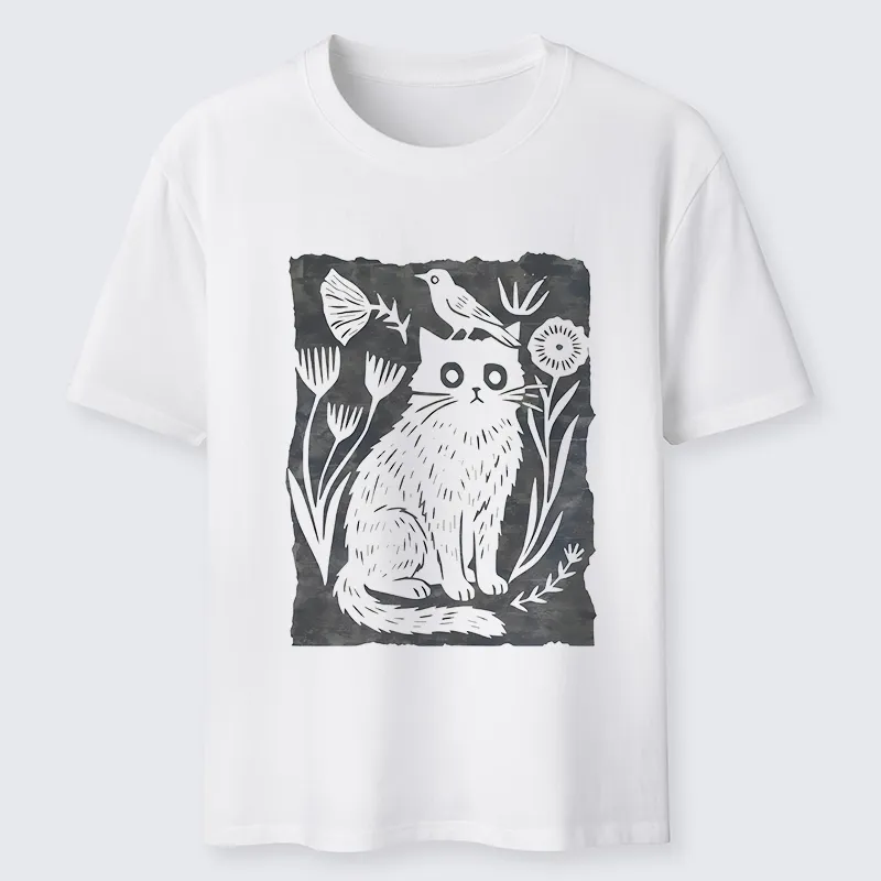 Tokyo-Tiger Folk Paper Cut Cat Bird Floral Art Classic T-Shirt