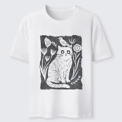 Tokyo-Tiger Folk Paper Cut Cat Bird Floral Art Classic T-Shirt