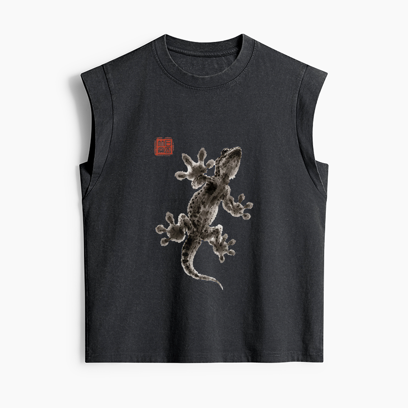 Tokyo-Tiger Minimal Asian Ink Brush Gecko Vibe Women's Washed Tank Tops