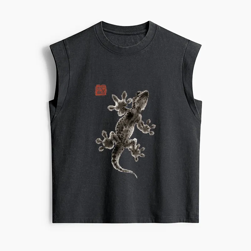 Tokyo-Tiger Minimal Asian Ink Brush Gecko Vibe Women's Washed Tank Tops