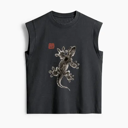 Tokyo-Tiger Minimal Asian Ink Brush Gecko Vibe Women's Washed Tank Tops