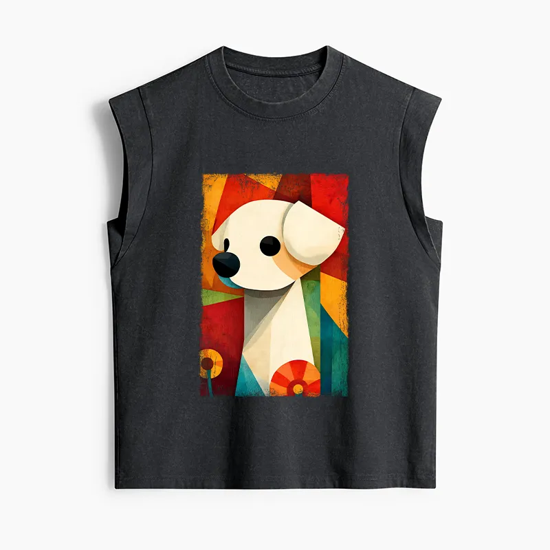 Tokyo-Tiger Retro Abstract Color Block Puppy Art Women's Washed Tank Tops