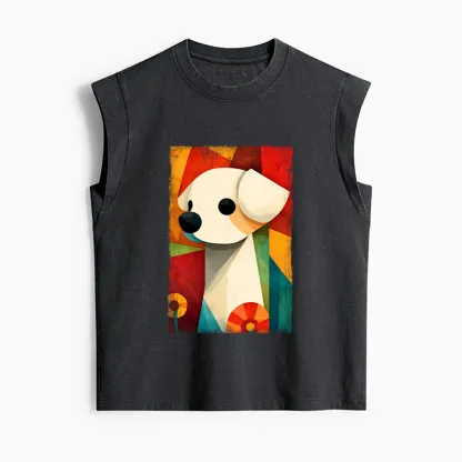 Tokyo-Tiger Retro Abstract Color Block Puppy Art Women's Washed Tank Tops