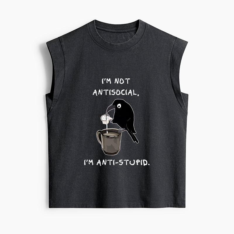 Tokyo-Tiger Cool Crow Sips Calm Coffee Alone Women's Washed Tank Tops