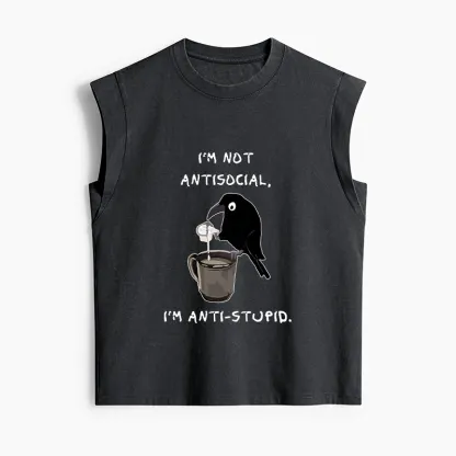 Tokyo-Tiger Cool Crow Sips Calm Coffee Alone Women's Washed Tank Tops