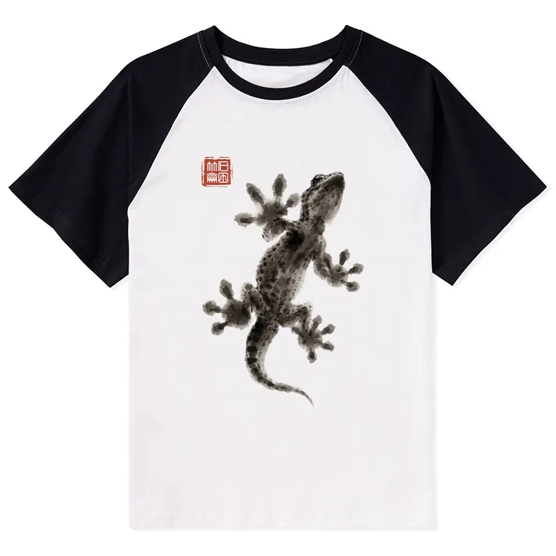 Tokyo-Tiger Minimal Asian Ink Brush Gecko Vibe Raglan T-shirt