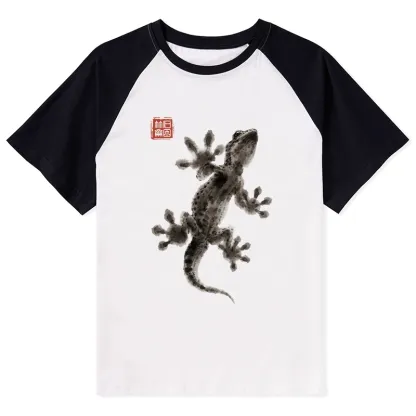 Tokyo-Tiger Minimal Asian Ink Brush Gecko Vibe Raglan T-shirt