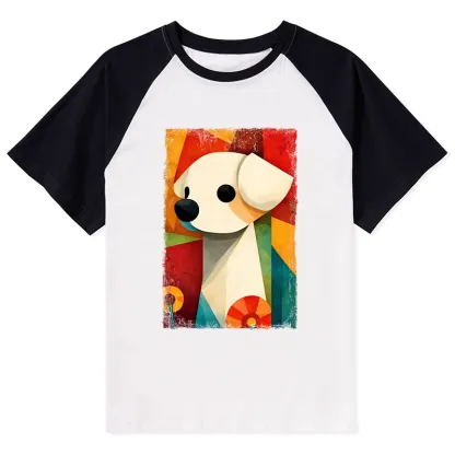 Tokyo-Tiger Retro Abstract Color Block Puppy Art Raglan T-shirt