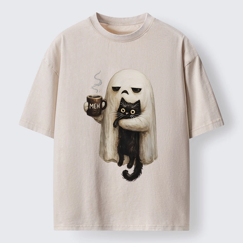 Tokyo-Tiger Ghost Cat Coffee Mood Washed T-Shirt