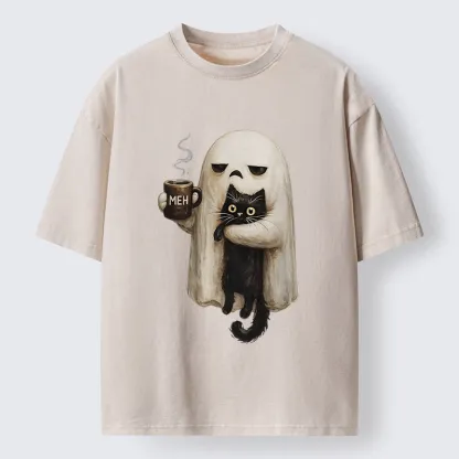 Tokyo-Tiger Ghost Cat Coffee Mood Washed T-Shirt