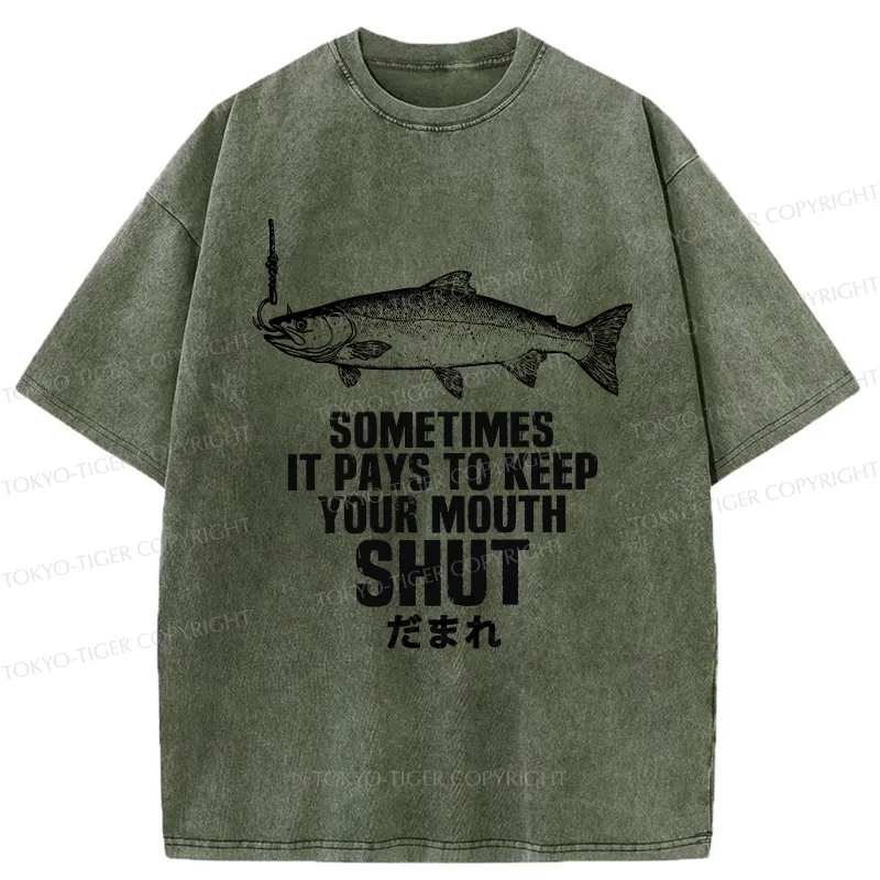 Tokyo-Tiger Funny Fish Shut Up Washed T-Shirt