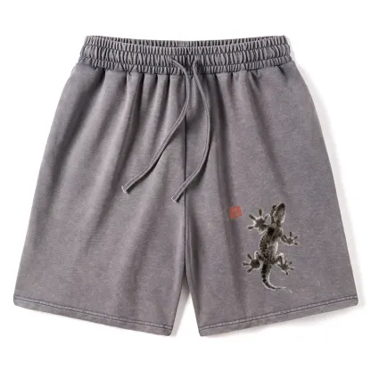 Tokyo-Tiger Minimal Asian Ink Brush Gecko Vibe Washed Shorts