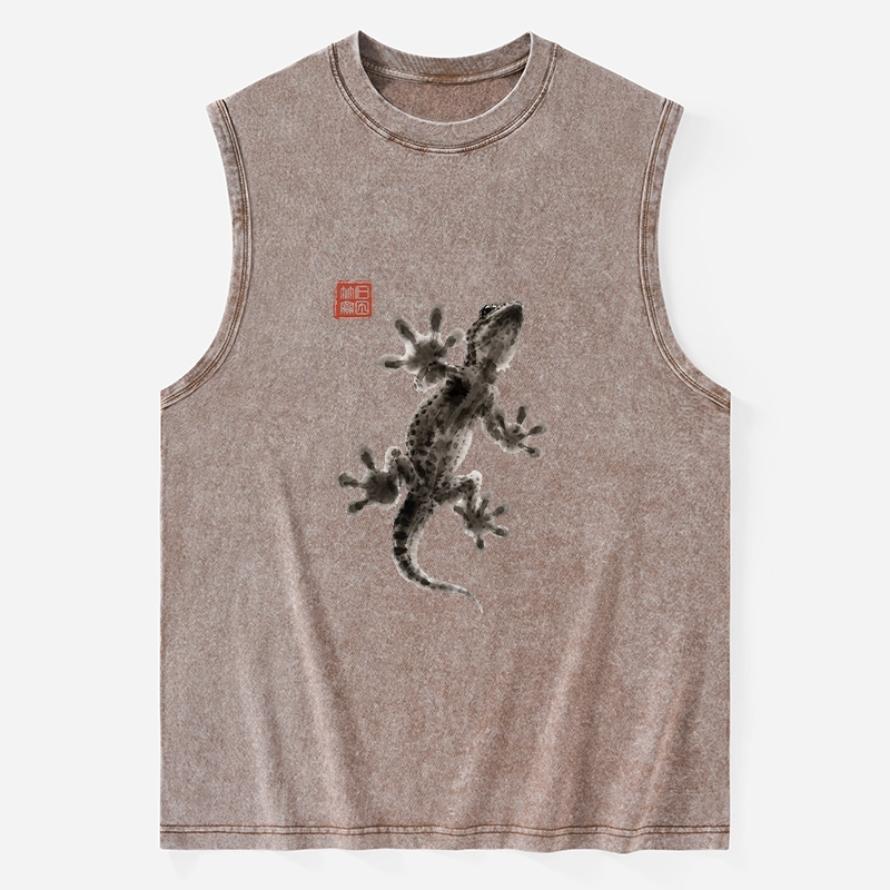Tokyo-Tiger Minimal Asian Ink Brush Gecko Vibe Washed Tank