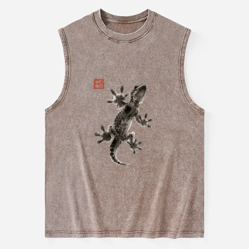 Tokyo-Tiger Minimal Asian Ink Brush Gecko Vibe Washed Tank