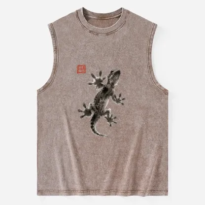Tokyo-Tiger Minimal Asian Ink Brush Gecko Vibe Washed Tank