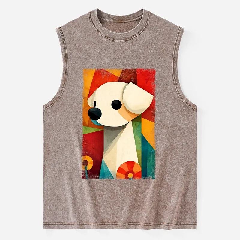 Tokyo-Tiger Retro Abstract Color Block Puppy Art Washed Tank