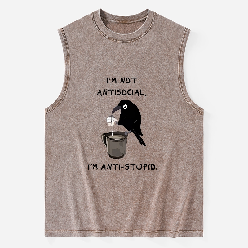 Tokyo-Tiger Cool Crow Sips Calm Coffee Alone Washed Tank