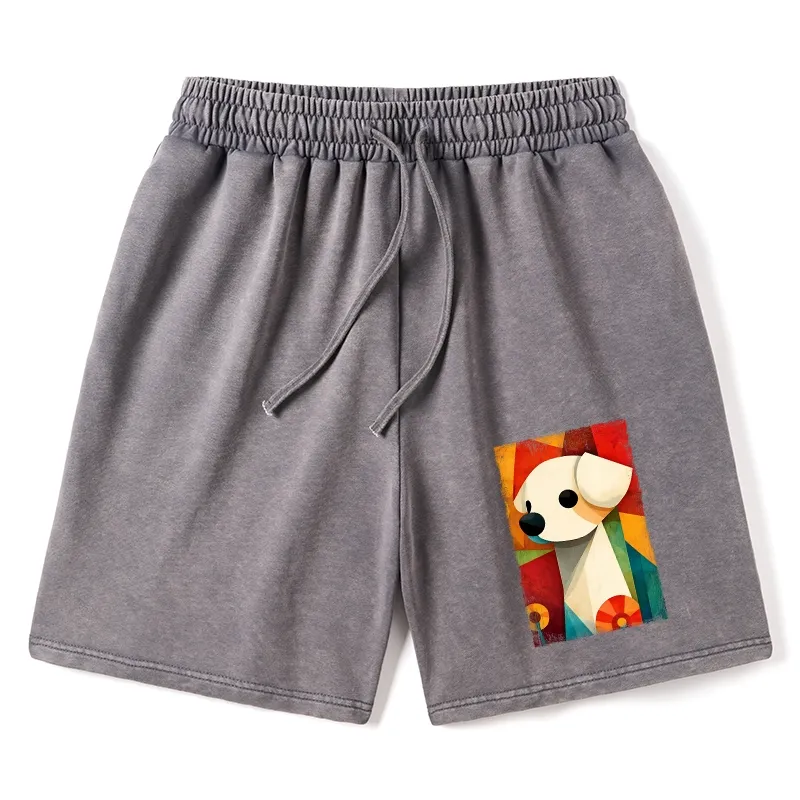 Tokyo-Tiger Retro Abstract Color Block Puppy Art Washed Shorts