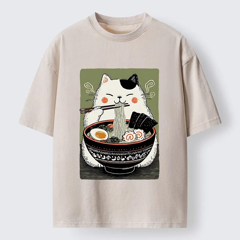 Tokyo-Tiger Cat Eating Ramen Meme Washed T-Shirt