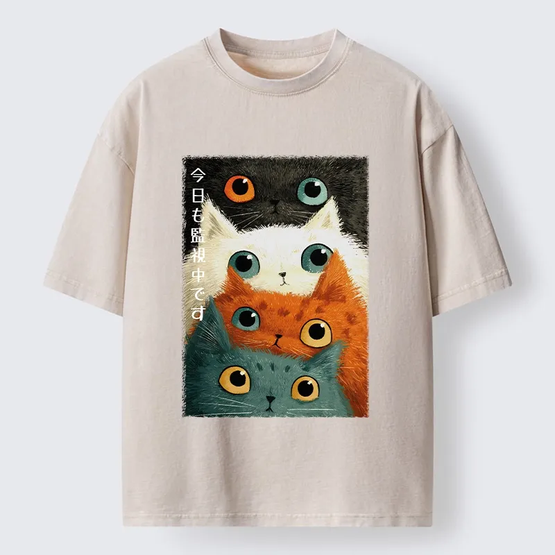 Tokyo-Tiger Watching Stacked Cats Washed T-Shirt