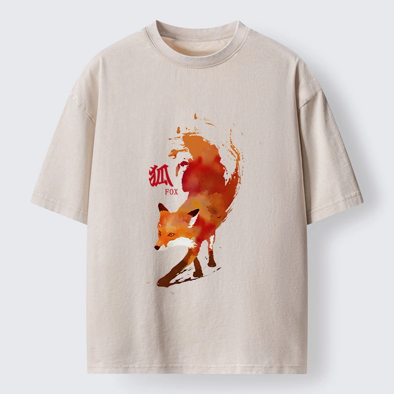 Tokyo-Tiger Watercolor Red Fox Art Washed T-Shirt