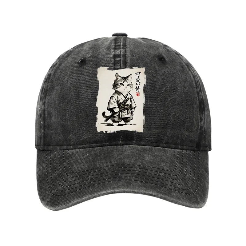 Tokyo-Tiger Japanese Samurai Cat Illustration Washed Cap Sale