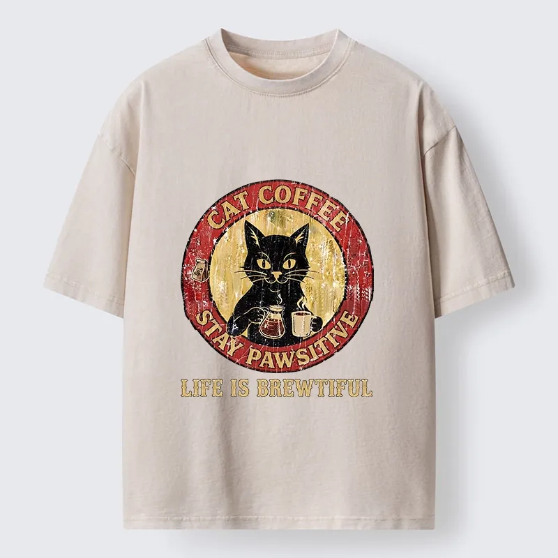 Tokyo-Tiger Cat Coffee Positive Vibes Washed T-Shirt