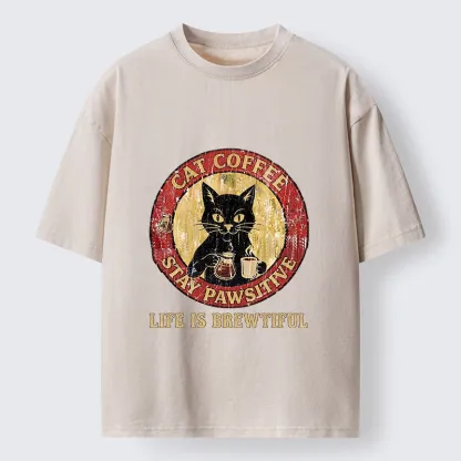 Tokyo-Tiger Cat Coffee Positive Vibes Washed T-Shirt