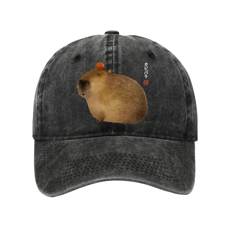Tokyo-Tiger Calm Capybara Illustration Washed Cap