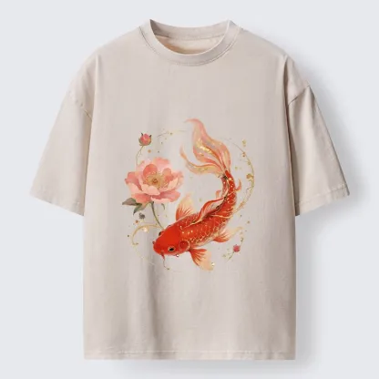 Tokyo-Tiger Lucky Koi Peony Art Washed T-Shirt