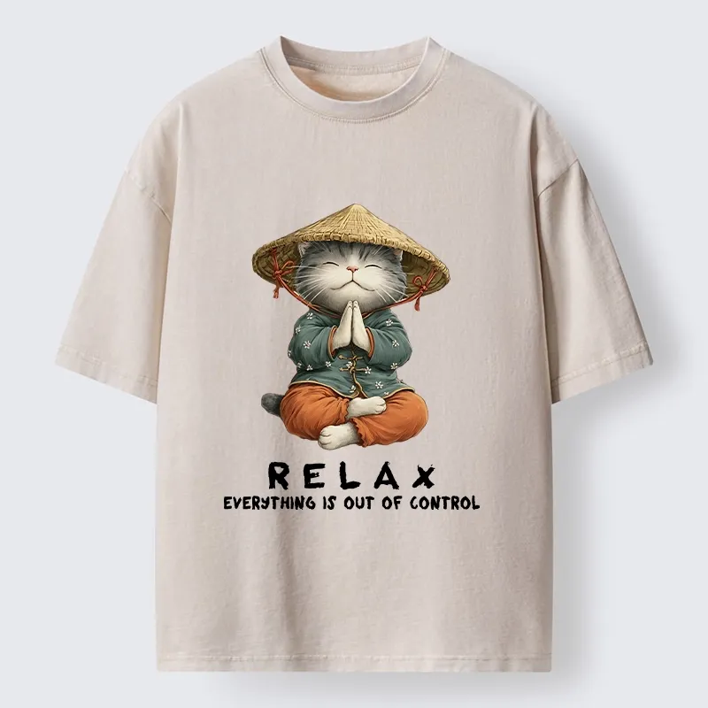 Tokyo-Tiger Zen Relax Cat Graphic Washed T-Shirt