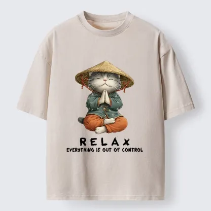 Tokyo-Tiger Zen Relax Cat Graphic Washed T-Shirt